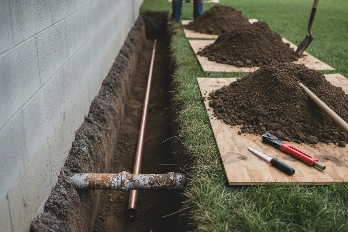 Excavated water line trench during Water Heater Repair in North Lima